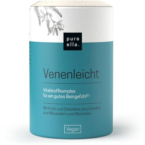 Pure Ella VENEN KOMPLEX - 60 Kapseln - Venen Komplex Hochdosiert, Vegan - Schnurbaum Extrakt mit 500mg Rutin - Extrakte aus Steinklee (400mg), Mäusedorn, Weinreben - Mangan & Kupfer - Laborgeprüft | Hochdosiert, Ohne Zusätze. Schnurbaum Extrakt (400 mg pro Tag), Steinklee-Extrakt. Magnesium: normale psychische Funktion