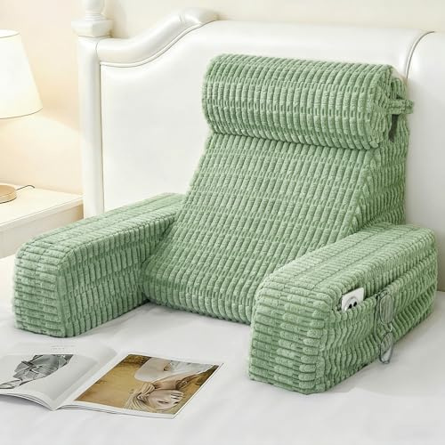 Selectico 19 Reading Pillow for Bed with Built-in Arms & Large Pockets, Supportive Backrest Cushion for Reading, Resting, or Reclining, Washable Cover – Sage Green