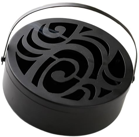 PERSELOSO Portable Holder Box with Cover, Black Metal Iron Incense Rack, Built-in Coil Plate for Home and Outdoor Use