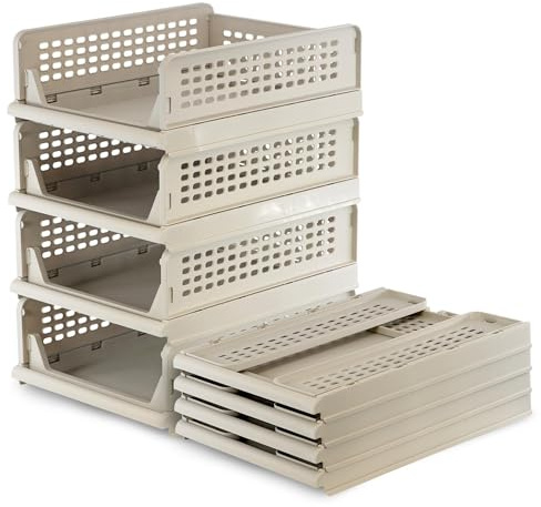 GEEZY Stackable Wardrobe Storage Organiser Drawers Set of 4 - Beige Foldable Plastic Boxes with Ventilation, Space-Saving Design for Clothes, Closet, Bedroom, Kitchen, Bathroom Organisation