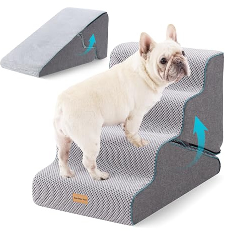 Gardner Pet 2-in-1 Hundetreppe für kleine Hunde, 38/44cm, 4 Stufen Grau | Für kleine Hunde, Rutschfester wasserdichter Stoffbezug, Für Bett, Sofa, Couch und Auto, Hunderampe, 38/43.7cm hoch