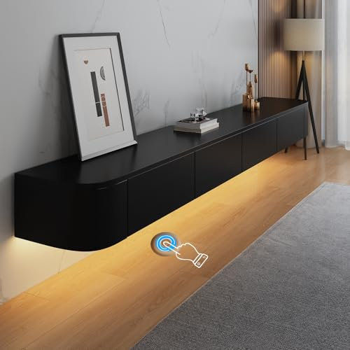 HYANXUE Floating TV Unit, Wall Mounted TV Cabinet, TV Media Console | Floating TV Cabinet Large Storage with Flip-Down Doors, Drawer & LED