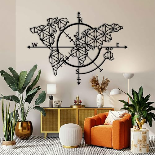 KAWA METALWORKS Weltkarte Kompass Metall Wandkunst, große Blumenkarte Wanddekoration, moderne Metall-Wandskulptur für Wohnzimmer oder Büro, moderne Heimdekoration