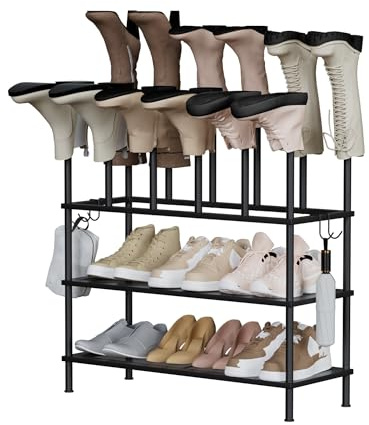 Oak & Tea 2-in-1 Schuhregal aus Metall mit Stiefelhalter Schwarz | Freistehend 3 Ebenen für Flur Diele Balkon, Stabil Rostgeschützt Einfache Montage