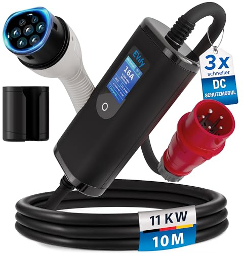 EVify Mobile Wallbox 11kW Ladegerät Typ 2 - Ladekabel CEE 16a auf Typ 2 3-Phasig 10M, Ladegerät Ladeleistung einstellbar, Mobile Ladestation, Ladekabel E Auto Starkstrom, EV Charger 11kW mit Tasche