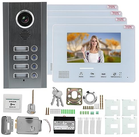 Eminchu Videocitofono a 2 Fili, Citofono, Campanello, Monitor 7 in HD, Campanello Intelligente in Acciaio Inossidabile con Visione Notturna, Serratura di Controllo Elettrico (4 famiglie