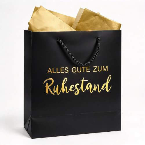 COMOOKA Geschenktüte Ruhestand + 2 Seidenpapier Ruhestand Geschenk Mann Frauen 25x21x10cm XL Renteneintritt Geschenk Männer Rente Goldfolie Tüte Geschenktasche für Rentner Rentnerin mit Henkel