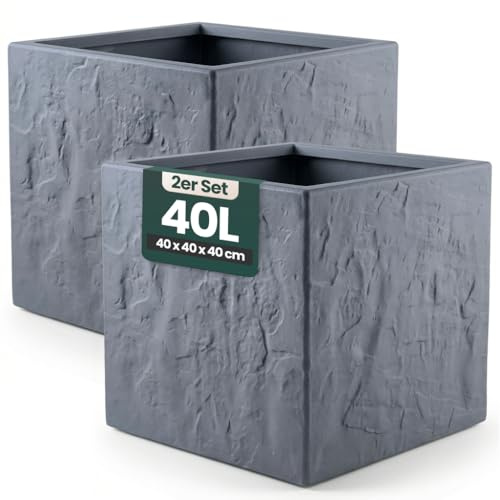 Kreher® Pflanzkübel Anthrazit/Hellgrau - Blumentopf Kunststoff Steinoptik - frostfest & UV-beständig - 30x30x30, 40x40x40, 60x30x30 cm - 1er/2er Set Balkon Garten (2, Anthrazit, 40 x 40 x 40 cm)