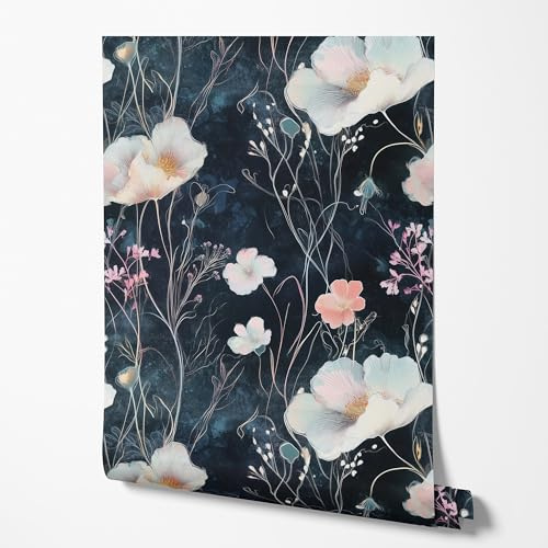 GP TONER Vliestapete Blumen Dunkel Blau Aquarell Floral Modern Tapete Wohnzimmer Schlafzimmer Flur Elegant Pastell Abwaschbar UV-beständige Tapete 5m x 0,5m