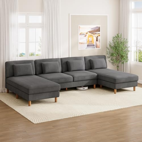 Vesgantti Ecksofa mit Schaffunktion, 249 cm L-förmige Eckcouch mit Kissen, Kombination Sofa L Shaped perfekt für Wohnzimmer, Schlafzimmer, Büro, werkzeuglose Montage (Grau, U-förmiges Sofa)