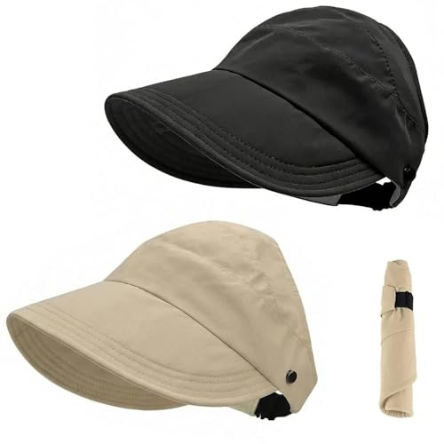 Sikweny 2 Pezzi Cappello Donna cap Folding Outdoor Berretto con Foro a Coda di Cavallo, Regolabile Ampio Tesa Cappello con Visiera Donna, Visiera Sole per Esterni Viaggi Pesca (Nero Cachi) | Berretto unisex regolabile per decorazione, viaggi, regali (nero cachi)