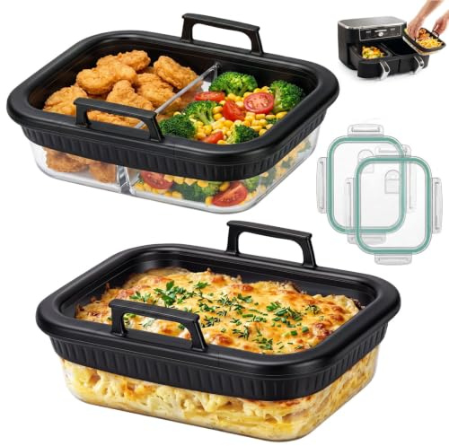 Simpolor 2 Stück Glas Auflaufform für Airfryer,Heißluftfritteuse Airfryer Zubehör für Ninja AF400EU/AF500EU/SL400EU,BPA-frei,Hitzebeständig,Herausneh Silikonring&Deckel,Spülmaschinengeeignet