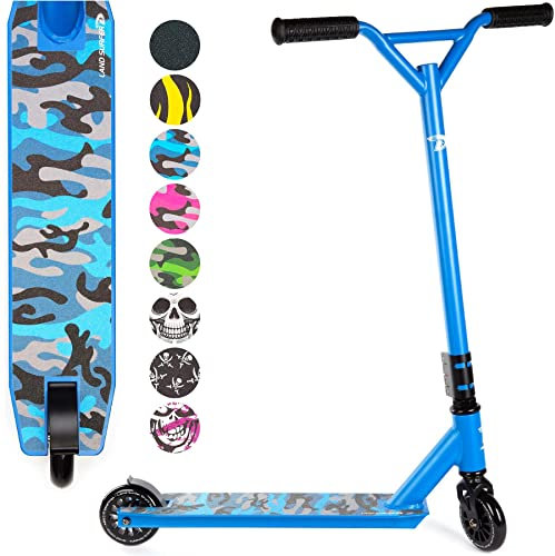 Land Surfer Stunt Scooter - Stunt Roller für Kinder ab 8 Jahren und Junge Erwachsene mit 360 Grad Deck, 100 mm High PU-Räder mit ABEC-9 Kugellager und Geschenkbox - Blau Camouflage