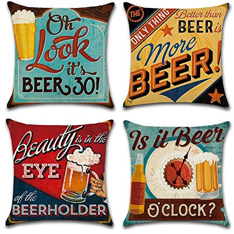 Gspirit 4 Stück Kissenbezug Retro Bier Muster Dekorative Kissenhülle Baumwolle Leinen Werfen Sie Kissenbezüge 45x45 cm