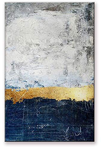 Orlco Art Peinture à la main originale en feuille d'or couteau à palette bleu doré et vert grand décor peinture abstraite sur toile bleu et blanc 81,3 x 121,9 cm