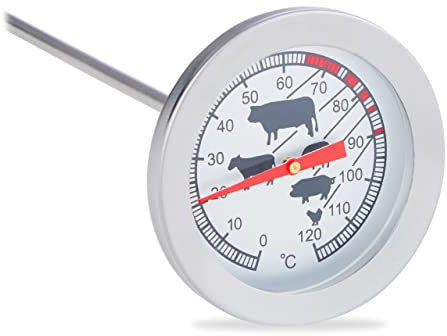 Relaxdays 4 x Einstichthermometer analog, Braten Grillthermometer, Edelstahl Fleischthermometer, 20 cm, Silber