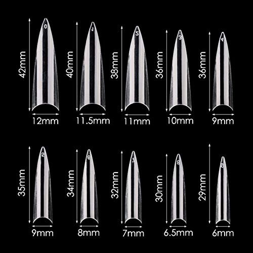 Mwoot 600 pcs Stiletto Faux ongles Kits, Naturelle Demi Coque Acrylique Faux ongles, 10 tailles pour Femmes DIY les salons de vernis à ongles, French Nail Tips (Clair)
