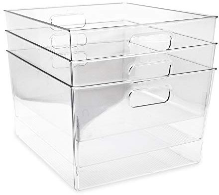 Isaac Jacobs 3-Pack XL Clear Storage Bins with Handles, Plastic Organizer for Office, Home, Kitchen, Pantry, Closet, Kids Room, Cube Shelf, Non-Slip Container Set (3-Pack, Extra-Large)