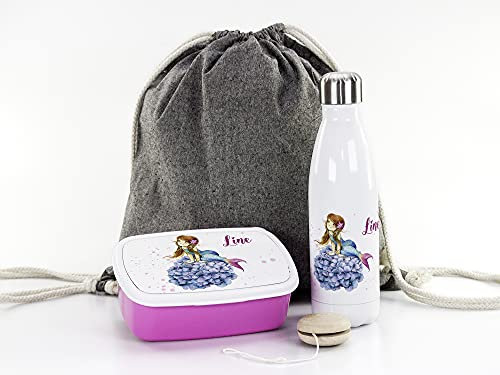 GRAZDesign Brotdose und Trinkflasche Set für Mädchen mit Namen | Meerjungfrau | personalisierte Lunchbox mit Trennwand Wasserflasche Edelstahl 500ml | Geschenk zur Einschulung, Kindergarten Start
