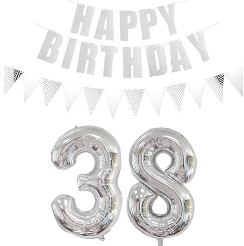 Luftballons Zahl 38 Silber + Happy Birthday Girlande + banner Folienballon 38.Geburtstags deko frau mann ballons 38 Jahre Geburtstag deko frauen Zahlenballon 38 Geburtstag dekoration Männer frau(38)
