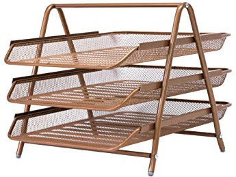 OSCO Rosegold Wiremesh Three Tier Letter Tray | Document Storage | A4 Filing | Paper Organiser | Office Desk File Sorter | Easy Assembly | H26.5 x W27.8 x D35.5 cm |
