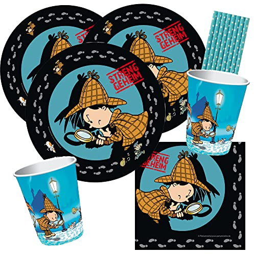 partystrolche/spielum 44-teiliges Party Set Detektiv Flo - Teller Becher Servietten Trinkhalme für 8 Kinder