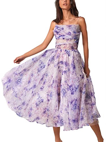 ORANDESIGNE Floral Robe Femmes évasé Swing Robes de Cocktail Occasionnels de Ligne Vintage Retro Robe Trapèze Rockabilly à Fleurs Encolure Coeur Robe Soirée Fête Habillée Robes été A Violet XXL
