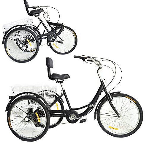 24 Zoll Klapprad Dreirad für Erwachsene Klappbar 7 Gang Tricycle Radfahren Sattel mit Rückenlehne, Einkaufskorb für Erwachsene und ältere Menschen Schwarz