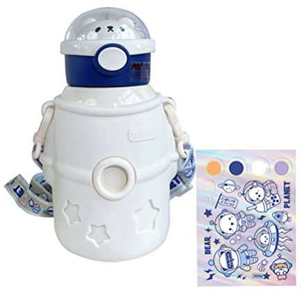 Asotagi 500 ml Kawaii-Wasserflasche, Astronautenbär-Design, Tragbare Edelstahl-Isolierte Wasserflasche mit Strohhalm, Schul- und Reisebegleiter