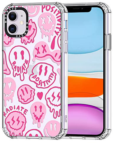 MOSNOVO für iPhone 11 Hülle – Durchsichtige, schlanke, stoßfeste TPU+PC-Handyhülle, [6,6 Fuß Fallschutz/Anti-Abziehen] - Rosa tropfendes Lächel-Gesicht mit positiver Ausstrahlung