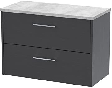 Hudson Reed JNU2226LBG Juno Modern Bathroom Wall Hung 2-Drawer Vanity with Bellato Grey Laminate Worktop, 800mm, Woodgrain Graphite Grey