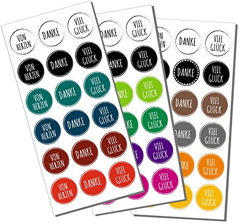 Sticker Von Herzen - Danke - Viel Glück | 54 Stk. Aufkleber, rund 3 cm
