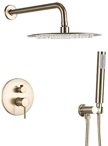 Duschsystem Unterputz-Duscharmatur aus Messing, gebürstetes Gold, Wandmontage, Duschmischbatterie mit Handbrause und Wasserfallkopfbrause, modernes Design, einfache Installation, 30,5 cm