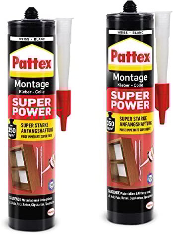 Pattex Montagekleber Super Power, Baukleber mit superstarker Anfangshaftung, Kraftkleber für saugende Materialien, Kleber für innen & außen, Aktionspack mit 2 x 370g, 9H PXS37