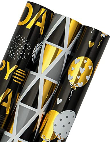 RUSPEPA Wendbare Geburtstagspapierrolle – Minirolle – 3 Rollen – 43,2 cm x 3,05 m pro Rolle – Happy Birthday-Schriftzug und Luftballon für Kindergeburtstag, Party, Babyparty