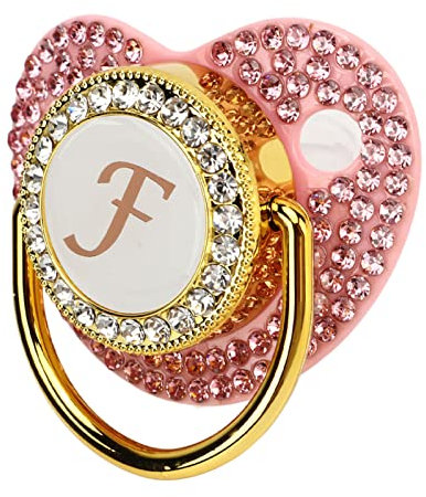 Golden Baby Pacifier, Personalized Pacifier and Pacifier Clip Set, A-Z 26 Letter Pacifier Bling Newborn Soother Silicone Infant Nipple Gift for 6 to 18 Months Baby (Letter F)