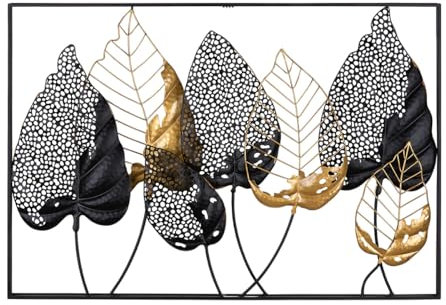 GILDE Deko Bild XXL Blätter - Metall Wanddekoration rechteckig - Dekoration Wohnzimmer - Farben: Schwarz Gold Silber - 95 x 65 cm
