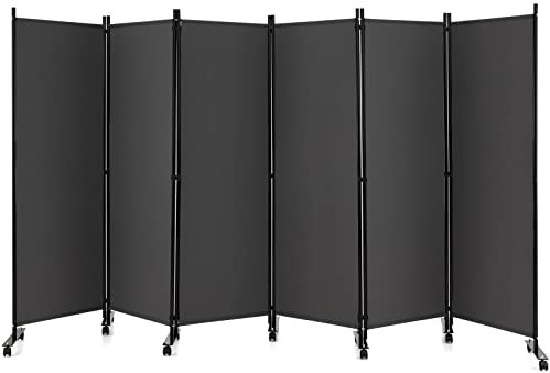 GOPLUS Paravent Pliable 6 Panneaux avec Roues, Brise Vue Intérieure et Extérieure avec Support en Métal,Paravent de Chambre Retractable 334,5x172CM, pour Salon, Chambre, Hôpital(Gris)