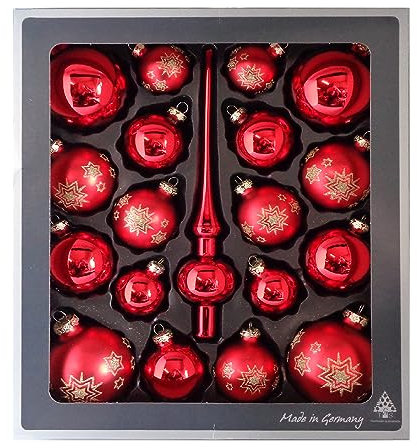 Thüringer Glasdesign - Kugel Set aus Glas inkl. Aufhänger und Spitze, Glanz und matt, Christbaumkugeln, Christbaumschmuck, Dekoration, Rot