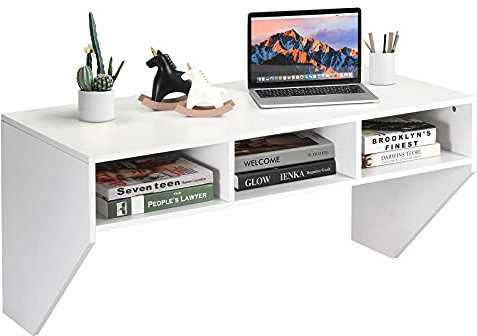 COSTWAY Wall Mounted Computer Desk, Wood Floating Laptop Table Writing Workstation with 3 Storage Compartments, Space Saving Home Office Desk Hanging Table for Bedroom Living Room, 108x52x53cm (White)