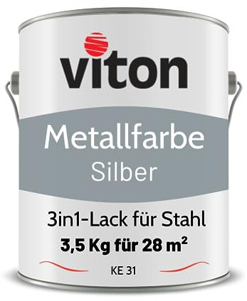 Viton Metallfarbe in Silber - 3,5 Kg Metall-Schutzlack Seidenmatt - Dauerhafter Schutz & hohe Beständigkeit - 3in1 Grundierung & Deckfarbe - Metalllack direkt auf Rost - KE31 - RAL 7001 Silbergrau