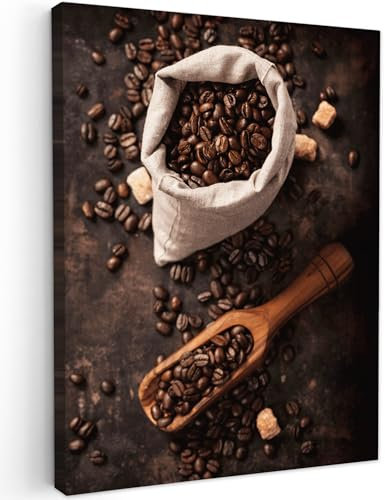 MuchoWow© Leinwand Bilder 50x70 cm Wanddeko Wohnzimmer Aesthetic Room Decor Deko Zimmer Wandbilder Modern Fotogeschenke Küche - Kaffee - Kaffeebohnen - Kaffee - Beutel