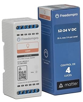 Freedompro DIN Interruptor Relé WiFi para Luces Inteligentes, Controla 4 Luces, Compatible con HomeKit, Matter, Google Home, Alexa, Domótica, Mide el Consumo, 12V, 20A, para Carril DIN