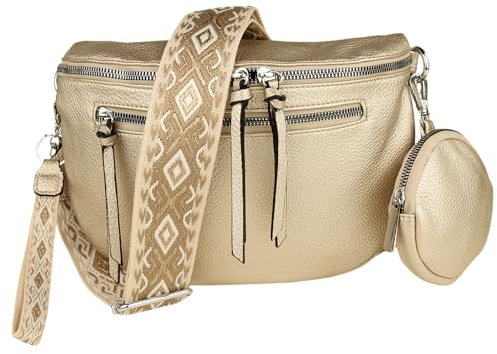 MIRROSI® Bauchtasche Damen, Veganleder 30x20x9cm, Umhängetasche, Brusttasche, Crossbody bag, Kunstleder leder, verstellbare Schulterriemen Bohemian Style (Gold)