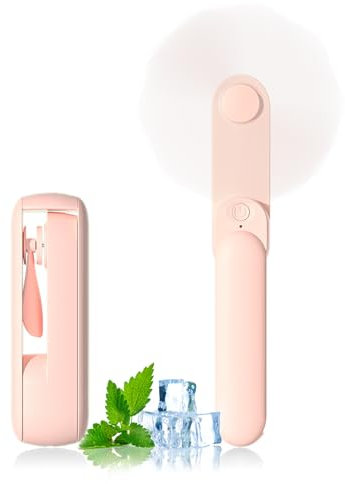 Portable Handheld Fan, 2 IN 1 Mini Hand Fan, Battery Operated [8-15 Working Hours], USB Rechargeable Personal Foldable Fan for Indoor, Small Pocket Fans Travel Essentials for Outdoor (Pink)
