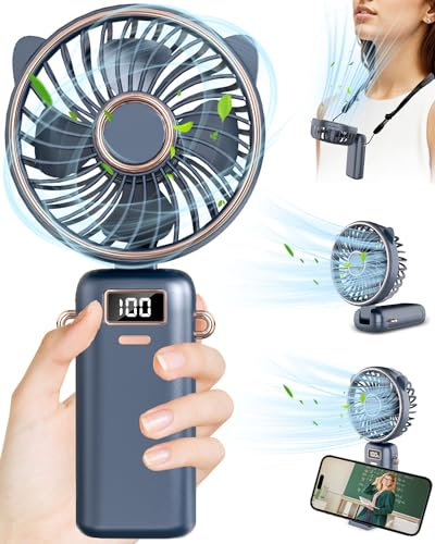 Ventilateur Portable,Ventilateur de Poche Rechargeable,Mini Ventilateur à Main USB 5 Vitesse,Petit Ventilateurs Portatif Silencieux avec Affichage LED,Hand Fan Pliable Pour Bureau,Voyage,Camping-Bleu
