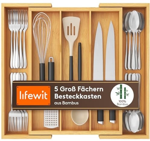 Lifewit Range Couverts pour Tiroir, Grand Plateau de Couverts Extensible pour la Cuisine, Support Réglable pour l'Argenterie et les Couverts, pour Outils et Gadgets, Naturel