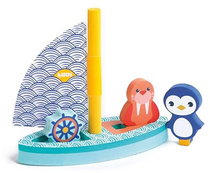 Ludi – Barco de baño – Velero de Espuma – 4 Piezas modulares – para baño, mar o Piscina, a Partir de 10 Meses – Estimula la imaginación, Material Suave, Flexible, Resistente, 1 Morse y 1 pingüino