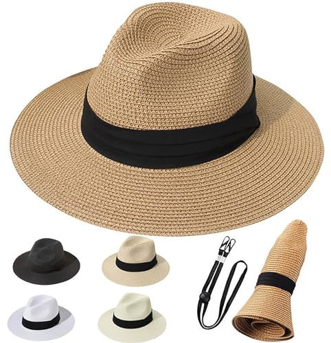 masanoya Unisex Straw Trilby Hats for Men Women Summer Fedora Hats for Beach Casual Wear Holiday Folding Panama Hat (Paper Straw, Khaki)