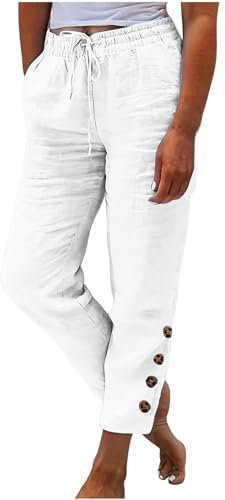 Jogginghose Damen Sommer Modische, Sale Leinenhose Leicht Luftig, Stoffhose Mit Gummizug, Einfarbige Damenhose Aus Baumwolle Und Leinen Mit Lockerem Kordelzug Und Knopf, Lässige Hose Mit Weitem Bein